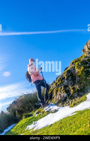 Portrait d'un homme au sommet de la montagne en trekking, marchant avec une canne Banque D'Images