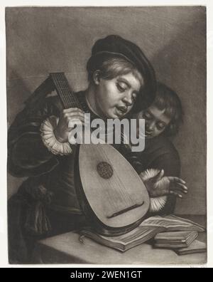 Deux garçons chanteurs, Wallerant Vaillant, après Frans Hals, 1658 - 1677 imprimer deux garçons chantent ensemble une chanson d'un livre de musique. Un des garçons a un luth en main. musique vocale en papier, chant. luth, et formes spéciales de luth, par exemple : theorbo. édition imprimée de partition musicale Banque D'Images