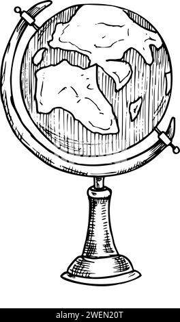 Illustration vectorielle de Globe. Croquis dessiné à la main du modèle vintage de la terre sur le support en bois. Dessin de carte rétro peinte à l'encre noire pour la science ou l'éducation. Esquisse linéaire noire pour icône ou logo. Illustration de Vecteur