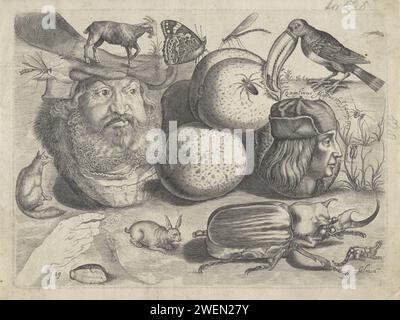 Fiche d'étude avec des exemples de dessin : portraits, animaux, insectes, c. 1640 - c. 1660 tirage dix-neuvième tirage d'une série d'exemples de dessin de taille inconnue. Fiche d'étude avec têtes, animaux et insectes. Au milieu deux portraits, de gauche à droite : Frederik III de Wise (électeur de Saxe) et Quinten Massijs (le dernier avec son nom, lieu de décès et année). Deux pêches entre les deux. Divers animaux et insectes autour des portraits dont un toucan (d'après illustration à Gesner), vos, Haas (d'après Aegidius Sadeler) et Elephantskever et Vlinder (d'après Hoefnagel). tête de gravure de papier (humaine) Banque D'Images