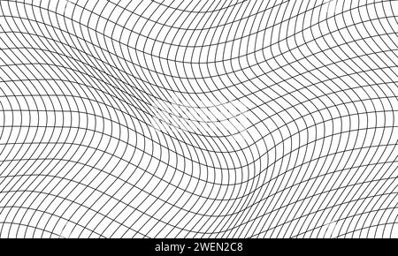 Motif futurisme rétro monochrome primitif. Imprimé abstrait brutaliste géométrique Wavy Grid. Perspective filaire Paysage en noir et blanc. Surface 3D polygonale, Illustration vectorielle. Illustration de Vecteur