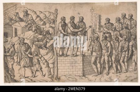 Scène des guerres daciennes, Antonio Fantuzzi (cercle de), 1537 - 1550 imprimer scène des guerres daciennes au bas-relief sur la colonne de Trajanus à Rome. colonne triomphale de gravure de papier avec frises hélicoïdales. (Histoire de) l'empereur Trajan. guerre. Pièce de sculpture, reproduction d'une pièce de sculpture colonne de Trajanus Banque D'Images