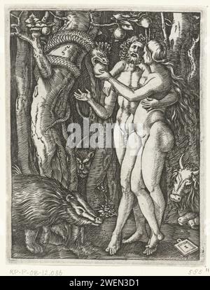 Adam et Eva par automne dans Paradijs, Marcantonio Raimondi, d'après Albrecht Dürer, 1510 - 1515 impression papier gravure tentation et automne (scènes avec Adam et Ève) Banque D'Images