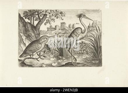 Deux oiseaux dans un paysage, Adriaen Collaert, 1598 - 1602 imprimer Un martin-pêcheur et un héron bleu dans un étang. L'impression fait partie d'une série avec les oiseaux comme sujet. gravure sur papier des oiseaux de rivage et des échassiers : héron. autres oiseaux : kingfisher. paysage avec tour ou château (+ ville(-scape) avec figures, staffage). étang Banque D'Images