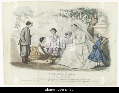 Le moniteur de mode, mai 1863, n ° 705 : mannequins de costumes (...), 1863 Jeune femme, assise sous un arbre, regarde un livre avec un garçon. Autour d'eux quatre autres enfants, dont l'un joue avec une brouette jouet et un scoop. La jeune femme porte une robe blanche pour la première Sainte Communion ou H. Vormsel. Selon la légende : 'modèles' des vêtements pour enfants de la société Pauline Royer, successeur d'E. Desrey. Ci-dessous quelques lignes de texte publicitaire pour différents produits. Tirage du magazine de mode le Monitor de la mode (1843-1913). plaques de mode gravées en papier. vêtements, coût Banque D'Images