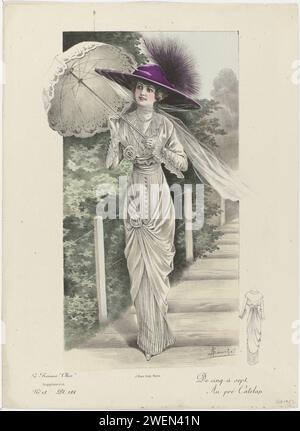 La femme chic, supplément, ça. 1912, n° 18, pl. 184 : de cinq aà sept (...), c. 1912 femme dans une robe plissée avec une rangée de nœuds sur les manches. Le corps et le recouvrement ont un transfert drapé et une fleur (?). Col en V et manches longues ajustées garnies d'une bande plissée de tissu. Chapeau avec bord large décoré avec plume et voile. Parasol dans les mains. En bas à droite une petite ligne dessinant de l'arrière .. Selon la légende, cet ensemble est pour cinq à sept ; 'au pré Catelan'. Tirage du magazine de mode la Femme chic (1911-1971). assiettes de mode en papier. casque : chapeau Banque D'Images