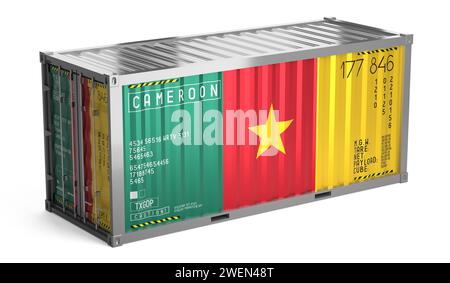 Conteneur d'expédition de fret avec drapeau national du Cameroun sur fond blanc - illustration 3D. Banque D'Images