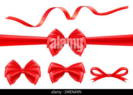 Ensemble de beaux noeuds rouges et rubans de satin, isolé sur fond blanc. Peut être utilisé pour les cadeaux de décoration, salutations, vacances, pour la conception de co Illustration de Vecteur
