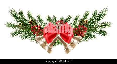 Branches d'arbre de Noël avec baies rowan et deux cloches dorées avec un arc rouge. Nouvel an élément de décoration de vacances - épinette avec ruban arc, est Illustration de Vecteur