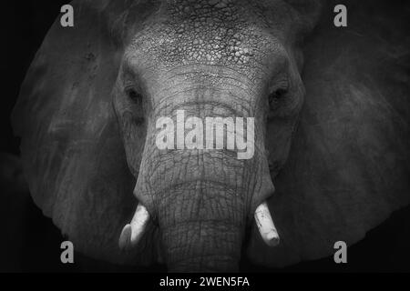 Gros plan noir et blanc d'un éléphant d'Afrique. Banque D'Images