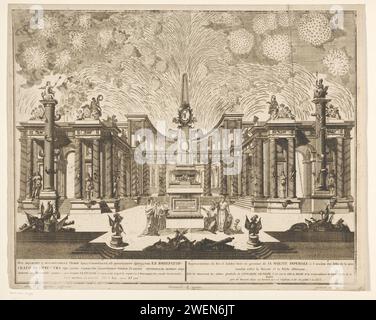 Feux d'artifice à Moscou à la célébration de la fin de la guerre russo-turque, 1775 (Acte III), Emel'ian Alekseevič Fedoseev, 1775 imprimer feux d'artifice à Moscou à la célébration du 23 juillet 1775 de la fin de la guerre russo-turque avec la conclusion de la convention Küçük Kaynarca. Des feux d'artifice ont éclaté en présence de Tsarina Catharina la Grande. Partie d'une série de trois disques avec des légendes en russe et Frans. papier gravure feu de joie, feu de cheminée. Festivités sur des événements d'importance nationale (+ illumination, feux d'artifice  activités festives) Moscou Banque D'Images