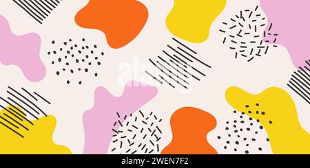 Design abstrait coloré avec des formes organiques dessinées à la main, gribouilles et griffonnages sur fond beige avec espace de copie Illustration de Vecteur