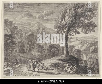 Jozef aide Maria van de Izel, Herman van Swanevelt, 1650 - 1655 print dans un paysage montagneux avec des fêtes dans les arbres, Joseph aide Maria van de Izel, tandis qu'un ange tient la tête de l'âne. Derrière l'âne, un deuxième ange prend soin de Christ, enveloppé dans un tissu sur le sol. La gravure de papier repose sur le vol en Egypte Banque D'Images