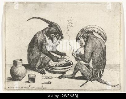 Deux singes fumant Pijp, Quirin Boel, d'après David Teniers (II), 1635 - 1690 imprimer deux singes sont assis sur le sol, l'un souffle une pipe et l'autre sèche le tabac sur un pot de feu. Tirage à partir d'une série de six tirages et d'un tirage de titre dans lequel différentes activités humaines sont présentées par des singes. papier mordant des animaux agissant comme des êtres humains Banque D'Images