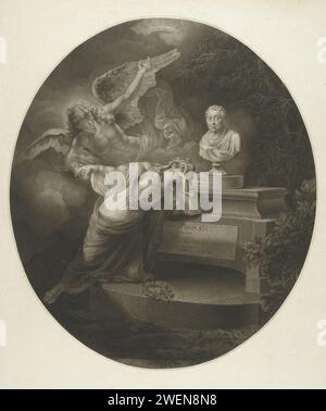 Memoriepent for Hendrik Hooft Daniëlsz., 1794 print la vierge de la ville d'Amsterdam pleure sur la tombe du maire d'Amsterdam Hendrik Hooft Daniëlsz. Un ange la soutient dans le chagrin et la dirige vers l'immortalité du défunt. Sur la tombe se trouve un buste van Hooft Daniëlsz. Dans le style antique. gravure sur papier personnification d'une ville, ville-patron (ess). Tombe, tombe Amsterdam Banque D'Images