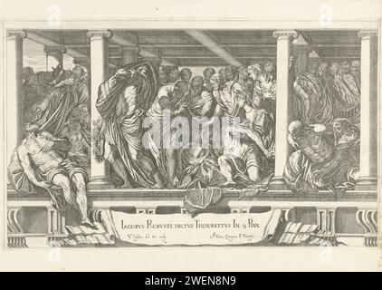 Le Christ guérit les malades, Valentin Lefèbvre, après Jacopo Tintoretto, 1682 estampe dans une maison, le Christ est entouré par les malades qui lui ont été amenés. Christ vient de guérir un boiteux qui a ramassé et fait courir son matelas. Ceux qui sont présents regardent comment il prend soin de la prochaine personne malade. L'estampe fait partie d'une série de 53 estampes de peintures de Titien et Véronèse. Papier gravure miracles du Christ  guérir les malades Banque D'Images