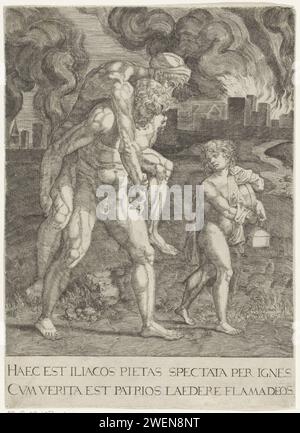 Énée fuit avec sa famille de Troje, Anonyme, d'après Giovanni Jacopo Caraglio, d'après Rafaël, 1515 - 1565 print Énée fuit la Troie brûlante avec son père Anchises sur le dos. Ascanius, fils d'Énée. Gravure sur papier 'Pie Énées' : Énée, dirigeant Ascanius, s'échappe de Troie brûlant, portant son père Anchise avec les Penates ; sa femme Creusa, qui part avec eux, est perdue sur le chemin trois Banque D'Images