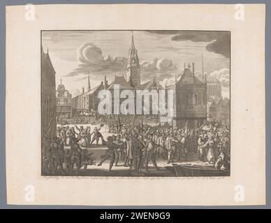 Modification d'Amsterdam, 26 mai 1578, Jan Luyken, 1726 impression modification d'Amsterdam, 26 mai 1578. Le conseil municipal d'esprit espagnol et le clergé romain sont forcés de partir, sur le quai près du barrage, ils obtiennent dans des bateaux prêts. gravure sur papier / gravure mairie. maison de pesée. église (extérieur) barrage Banque D'Images