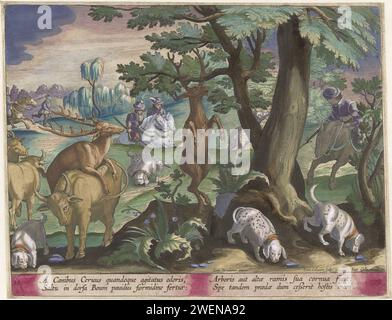Herts montrent avec des chiens, Jan Collaert, après Jan van der Straet, 1634 imprimer deux cerfs sont tellement chassés par quelques chasseurs à cheval et leurs chiens de chasse que l'un est suspendu dans un arbre avec ses bois et l'autre grimpe contre une vache. L'estampe a une légende latine et fait partie d'une série sur les scènes de chasse. gravure sur papier chasse-cerf. Animaux à ongulés : cerf - FF - animaux fabuleux (parfois appelés à tort 'grotesques') ; 'Mostri' (Ripa) (+ observation des animaux) Banque D'Images