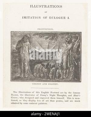 Thenot en Colinet, William Blake, 1820 - 1821 page de titre de 'les pastorales de Virgile'. Thenot et Colinet, les figures du deuxième poème, au coucher du soleil avec un troupeau de moutons. Au-dessus de l'exposition le titre du chapitre, sous un texte de cinq lignes en anglais sur l'artiste Blake. Pastorales en papier, scènes arcadiennes. illustration  imprimé, livre Banque D'Images