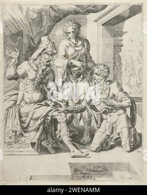 Eliezer promet de trouver une femme pour Isaac, Dirck Volckertsz. Coornhert (attribué à), d'après Maarten van Heemskerck, 1549 print Eliezer, le serviteur d'Abraham, s'agenouille pour son maître et lui promet qu'il trouvera une femme pour Isaac. Eliëzier part pour la Mésopotamie en arrière-plan. L'imprimé fait partie d'une série sur la recherche d'une femme par Isaac. Papier gravure Eliezer prêtant serment : Abraham l'envoie chez ses proches en Mésopotamie pour trouver une femme pour Isaac Banque D'Images