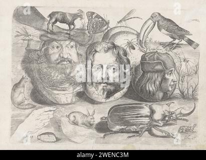 Fiche d'étude avec des exemples de dessins : portraits, animaux, insectes, Michael Snijders, d'après Adriaen Collaert, d'après Joris Hoefnagel, d'après Aegidius Sadeler (II), 1610 - 1672 impression dix-neuvième tirage d'une série avec des exemples de dessins. Fiche d'étude avec têtes, animaux et insectes. Au milieu trois portraits, de gauche à droite : Frederik III de Wise (électeur de Saxe), Anthony Van Dyck et Quinten Massijs (le dernier avec son nom, lieu de décès et année). Autour de lui divers animaux et insectes dont un toucan (d'après illustration à Gesner), vos, Haas (d'après Aegidius Sadeler) et Elephantskever A. Banque D'Images