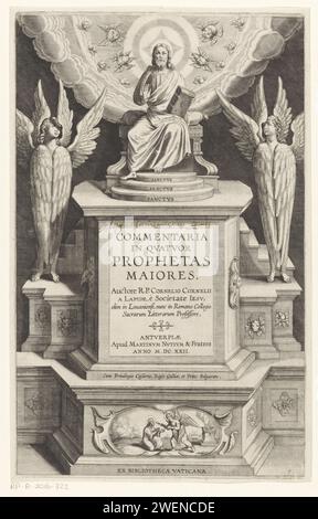 Christ et Sérafines, Cornelis Galle (I) (attribué à), 1622 imprimer Un trône Christ avec un livre sur piédestal flanqué de deux Sérafines debout. Autour de sa tête Serafines dans les nuages. Sur le piédestal le titre et les quatre êtres symboliques des évangélistes. Au fond, une serfine avec les pinces de la foi prend un chou brillant de l'autel et nettoie les lèvres d'Isaïe. Gravure sur papier Seraphim. Christ intronisé. Purification d'Isaïe : un ange touche les lèvres d'Isaïe avec un charbon brûlant, pris de l'autel avec des pinces  visions d'Isaïe (Isaïe 6:5-13) Banque D'Images