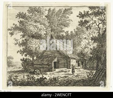 Femme avec enfant debout devant une ferme sur le Weg Amstelveense, Anthonie van den Bos, 1778 - 1838 imprimer papier gravure ferme ou maison solitaire dans le paysage Amstelveenseweg Banque D'Images