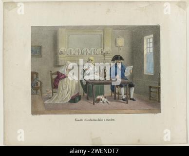 Famille Northhollandic à Sardam, 1806 - 1877 imprimer North Holland famille en costume traditionnel de Zaandam. Deux femmes manipulent. Un homme fume une pipe et lit le journal. Ils sont assis à une table sous laquelle un chien dort. service de thé et de café en papier. costume folklorique, costume régional. vêtements, costume (+ vêtements pour femmes). vêtements, costume (+ vêtements pour hommes). (autres formes de) travaux à l'aiguille, par exemple : crochet, tricot, broderie. pipe  tabac Banque D'Images