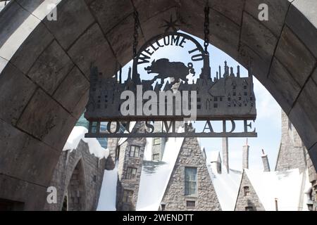 L'entrée à « The Wizarding World of Harry Potter » dans le parc Disney Them Banque D'Images