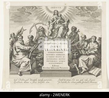 Faith, Hope and Love and the four Evangelists, Anonymous, 1643 impression autour d’un monument intitulé les personnifications des trois vertus divines : Amour central (Caritas) flanqué d’espérance avec ancrage et de foi avec croix. Gauche et droite les quatre évangélistes avec leurs attributs. De gauche à droite : Matthew, Marcus, Lucas et Johannes. Au-dessus de la tête de l'amour une couronne de jet avec le nom Christ en grec. Sous le montrer un texte en latin. Gravure sur papier Charité, 'Caritas' ; 'CaritÃ' (Ripa)  une des trois vertus théologiques. Espoir, 'Spes' ; 'Speranza divina e certa' (Ripa)  l'un des trois Theolo Banque D'Images