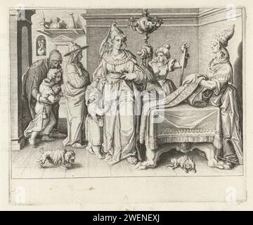 Une femme de Lacedemon montre ses enfants à un tisserand de tapis, Zacharias Dolendo, d'après Jacques de Gheyn (II), 1606 estampe Une femme de Lacedemon vient voir un tisserand de tapis qui lui montre les plus beaux tapis. La femme montre à nouveau au tisserand de tapis la plus belle chose qu'elle possède, ses enfants. D'autres clients sont présents dans la salle de vente. Deux femmes se parlent et un homme aide un garçon à l'intérieur. Page d'un livre avec texte au verso. gravure sur papier / impression typographique mère et enfant(s), femme et enfant(s) (groupe familial). tisserand de tapisserie, fabriquant de gobelins Banque D'Images