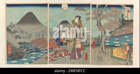 La Lune se reflétait dans les rizières de Shinano, Kunisada (II), Utagawa, 1861 estampes Prince Genji et une dame, tandis que la pleine lune se reflétait dans les rizières. Partie d'un triptyque. papier couleur gravure sur bois Banque D'Images