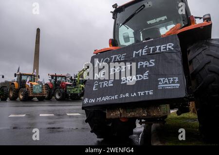 © Michael Bunel/le Pictorium/MAXPPP - Fontainebleau 26/01/2024 Michael Bunel/le Pictorium - 26/01/2024 - France/Seine-et-Marne/Fontainebleau - Prés de 200 agriculteurs occupant depuis 6 heures ce matin, le rond point de l'Obélisque de Marie-Antoinette a Fontainebleau. 26 janvier 2024. Fontainebleau France - valeurs actuelles out, no jdd, jdd out, RUSSIA OUT, NO RUSSIA #norussia/26/01/2024 - France/Seine-et-Marne/Fontainebleau - près de 200 agriculteurs occupent le rond-point de l'Obélisque de Marie-Antoinette à Fontainebleau depuis 6 heures ce matin. 26 janvier 20 Banque D'Images