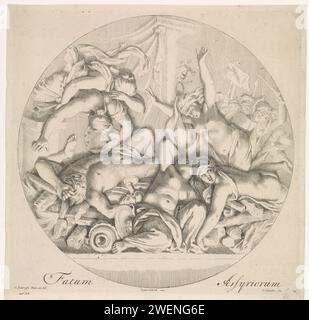 Dood van sardanapalus, Johannes Glauber, d'après Gerard de Lairese, 1684 - 1726 print Round show. Le roi assyrien Sardanapale met le feu à son palais après que les évits aient battu son armée à Nineve. Il poursuit sa cour pour la lame. L'estampe est vers un bas-relief perdu de Gérard de Lairesse et fait partie d'une série de représentations bibliques, mythologiques et allégoriques. Papier décapage la mort de Sardanapale : avant de se brûler dans son palais avec tous ses trésors, il fait tuer son harem et ses chevaux Banque D'Images