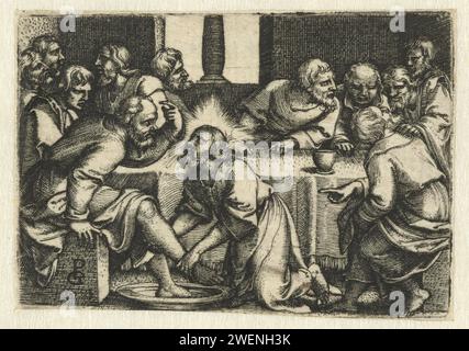 Pierre proteste alors que le Christ lave ses pieds, Georg Pencz, 1535 - 1537 print le Christ lave les pieds des disciples pendant la Cène. Pierre proteste contre cette auto-déduction du Christ avec un geste de bras. Gravure sur papier Christ lave les pieds de Pierre Banque D'Images