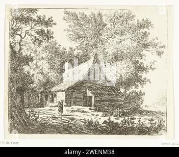 Femme avec enfant debout devant une ferme sur le Weg Amstelveense, Anthonie van den Bos, 1778 - 1838 imprimer papier ferme contreproof ou maison solitaire dans le paysage Amstelveenseweg Banque D'Images