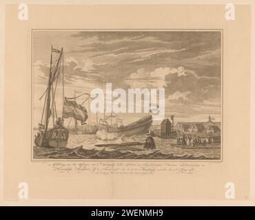 Plus tard, lancement du son, 1768, Reinier Vinkeles (I), 1772 imprimer le lancement ou la marche du navire d'angle de Zon devant le VOC sur le Scheepstimmerwerf près de l'Inde orientale Zeemagazijn à Amsterdam, en présence de Stadholder Willem V et de la Princesse Wilhelmina van Pruisen, 2 juin 1768. gravure sur papier / gravure festivités publiques à l'occasion d'événements royaux. Lancement d'un navire East Indian Sea entrepôt Banque D'Images