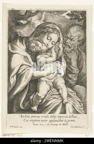 Maria a rencontré Kind et Joseph, Jan -Baptist Barbé, d'après Pierre Paul Rubens, 1588 - 1648 imprimer Sainte famille avec Marie dans un câlin serré avec l'enfant Christ et inscription latine qui loue son rôle de mère, un texte de Bernardus de Clairvaux. Gravure sur papier Sainte famille (seule), 'Trinitas terrestriss' Banque D'Images