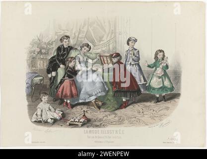 Mode illustré, CA. 1868, n ° 51 : costumes d'enfants (...), c. 1868 Une jeune femme et six enfants dans un intérieur. Ils jouent avec des jouets et sont habillés dans divers costumes. Tirage du magazine de mode la mode illustrée (1860-1937). plaques de mode gravées en papier. casque (+ vêtements pour filles). robe, robe (+ vêtements pour filles). vêtements pour la partie supérieure du corps (+ vêtements pour filles). jupe (+ vêtements pour filles). manteau (+ vêtements pour filles). bottes (+ vêtements pour filles). bottes (+ vêtements garçons). vêtements pour la partie supérieure du corps (+ vêtements garçons). pantalons, culottes (+ vêtements garçons). stock Banque D'Images