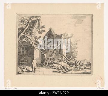 Vue avec des maisons, Frederick Bloemaert, d'après Abraham Bloemaert, après 1635 imprimer Un homme, vu au dos, regarde trois maisons en mauvais état. Il y a beaucoup de débris et de déchets devant les maisons. gravure sur papier de paysages. ruine d'une habitation, maison, château, etc Banque D'Images