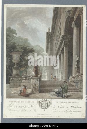 Vue de la Villa Médicis, Jean François Janinet, d'après Hubert Robert, 1776 print vue de la colonnade et des jardins de la Villa Médicis à Florence. Au premier plan se trouvent deux hommes qui dessinent. Sous le texte de la performance et un blason. villa de gravure de papier. Artiste (en général) faisant des dessins préliminaires, esquissant Villa Medici Banque D'Images