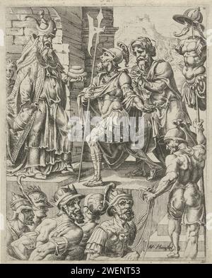 Rencontre d'Abraham avec Melchizédek, Dirck Volckertsz. Coornhert (attribué à), d'après Maarten van Heemskerck, 1549 print Melchizédek, le grand prêtre et roi de Salem (Jérusalem), bénissant Abraham et lui donnant du pain et du vin. Abraham triomphe sur le champ de bataille en arrière-plan. L'estampe fait partie d'une série sur l'histoire d'Abraham. Papier gravure de la réunion d'Abraham et Melchizédek, le souverain sacrificateur et roi de Salem, qui apporte du pain et du vin (Genèse 14:18-20) Banque D'Images