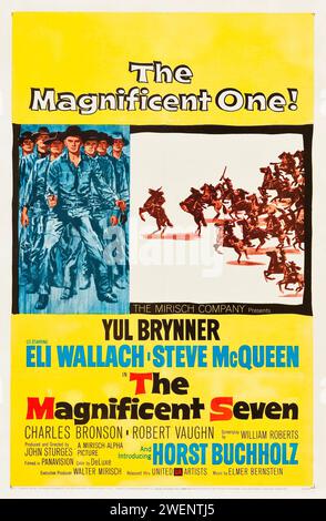 Affiche d'une feuille pour le WESTERN The Magnificent Seven de 1960, un remake du film japonais Seven Samurai de 1954. YUL Brynner, Steve McQueen, Charles Bronson, Robert Vaughn. Banque D'Images