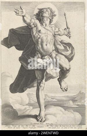 Apollon dans le rôle d'Hélios, Jacob Matham, d'après Cornelis Cornelisz. Van Haarlem, 1589 - 1593 imprimer Apollo comme le Zonnegod Helios (sol). Pendentif de Diane comme la déesse lunaire Luna. Papier gravant Apollon comme dieu-soleil, C'EST-À-DIRE sol (Helius), Titan Banque D'Images