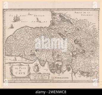 Carte du pays de Caux, Anonyme, Johannes Janssonius, 1598 - 1664 imprimer carte du pays de Caux. En bas à gauche le cartouche de titre avec un blason avec trois lys français et deux bâtons d'échelle ci-dessous. cartes gravées sur papier, atlas Banque D'Images