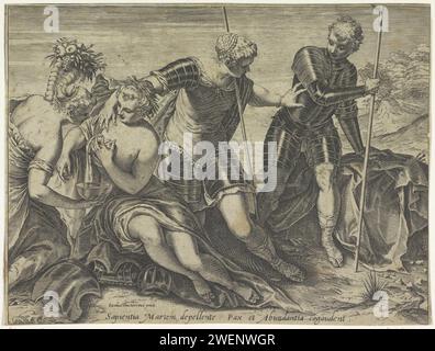 Mars envoyé par Minerve, Agostino Carracci, après Jacopo Tintoretto, 1589 imprimer Minerve éloigne Mars des personnifications de paix et de prospérité. Gravure sur papier (histoire de) Minerva (Pallas, Athen). (Histoire de) Mars (Ars). Paix et prospérité, 'PAX et ABUNDANTIA' Banque D'Images