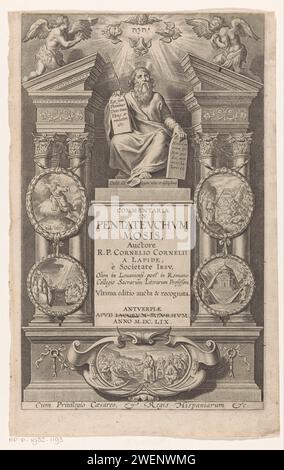 Mozes et cinq scènes du Pentateuque, Cornelis Galle (I) (possible), d'après Pierre Paul Rubens, 1659 imprimer Moïse avec les tableaux législatifs tronend sur un piédestal avec le titre du livre. De chaque côté et sous cinq cartouches avec des scènes des cinq premiers livres bibliques de l'ancien Testament, le Pentateuque. Gravure sur papier de Moïse (pas dans le contexte biblique) ; attributs possibles : rayons de lumière ou cornes sur sa tête, tige, tables de la Loi. division de la lumière et de l'obscurité. Passage à travers la mer Rouge. Le livre Lévitique. Moïse enseignant (en général) Banque D'Images