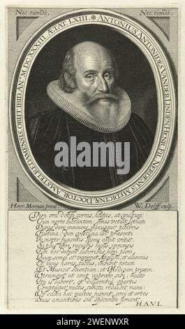 Portrait du médecin Antonius Antonius van der Linden à l'âge de 63 ans, Willem Jacobsz Delff, d'après Hendrik Meerman, tirage de 1633 Portrait du médecin Antonius Antonius van der Linden à l'âge de 63 ans, pectoral avec col et robe dans un cadre ovale. En latin frais frais en quinze lignes. médecin graveur de papier, médecin Banque D'Images