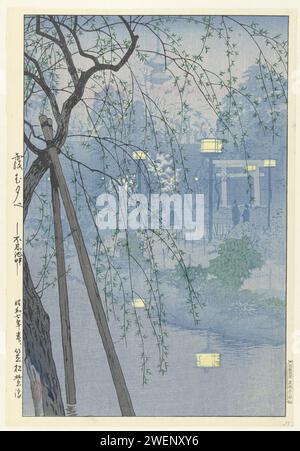 Le bord du Shinobazu Vijver lors d'une soirée brumeuse., Kasamatsu Shirô, 1932 imprimer le parc Ueno lors d'une soirée brumeuse. De l'eau au premier plan, des lanternes brûlantes, des gens qui marchent et une pagode en arrière-plan. cours d'eau de gravure sur bois couleur papier. jardins publics, parc. éclairage ; lampes Banque D'Images